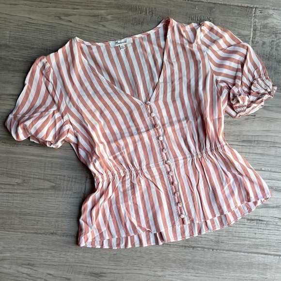 Madewell Women’s V-Neck Top Peplum Popover In Stripe In Dried Coral Color SZ XXS - Picture 2 of 10